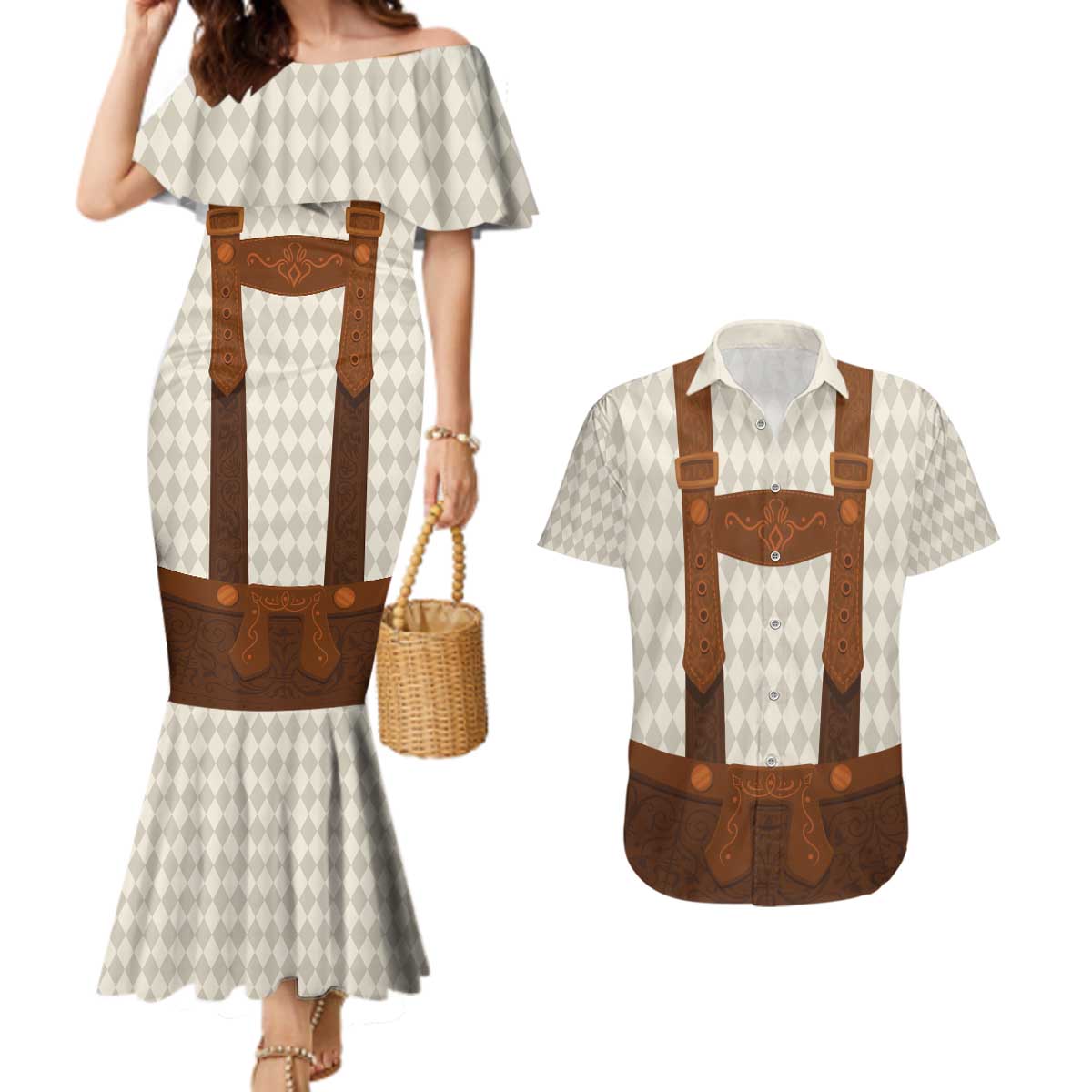 Traditional German Costume - Lederhosen Couples Matching Mermaid Dress and Hawaiian Shirt Old Vintage Bavarian Pattern