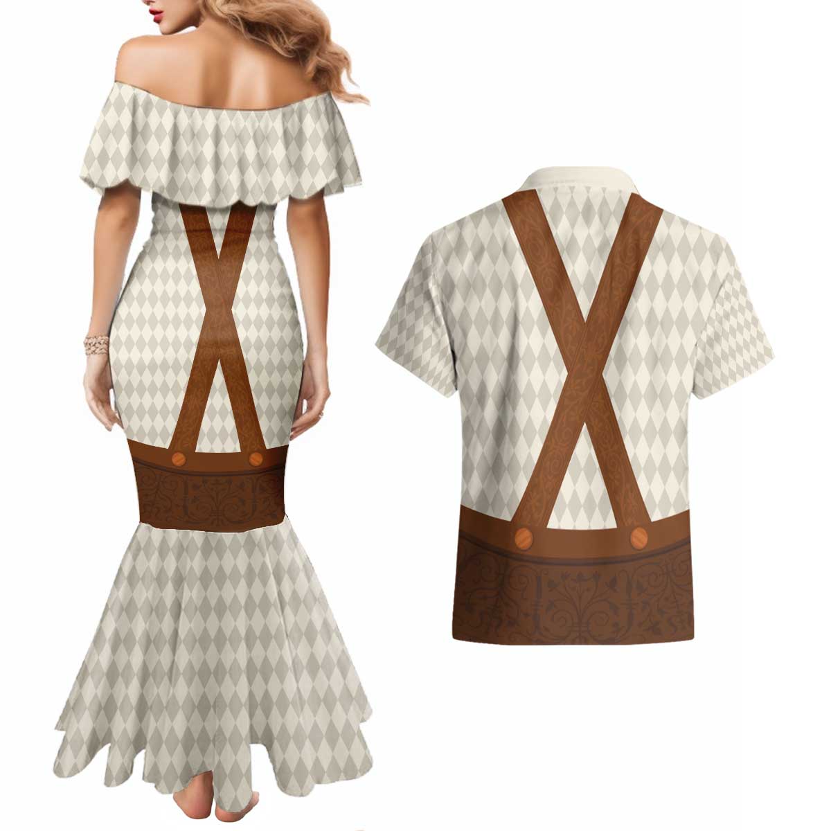 Traditional German Costume - Lederhosen Couples Matching Mermaid Dress and Hawaiian Shirt Old Vintage Bavarian Pattern