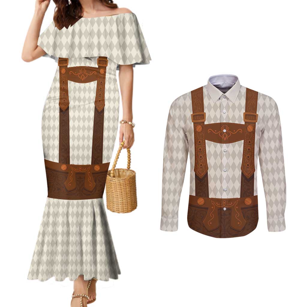 Traditional German Costume - Lederhosen Couples Matching Mermaid Dress and Long Sleeve Button Shirt Old Vintage Bavarian Pattern