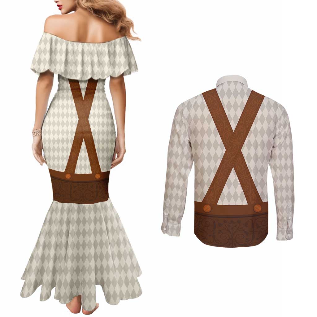 Traditional German Costume - Lederhosen Couples Matching Mermaid Dress and Long Sleeve Button Shirt Old Vintage Bavarian Pattern