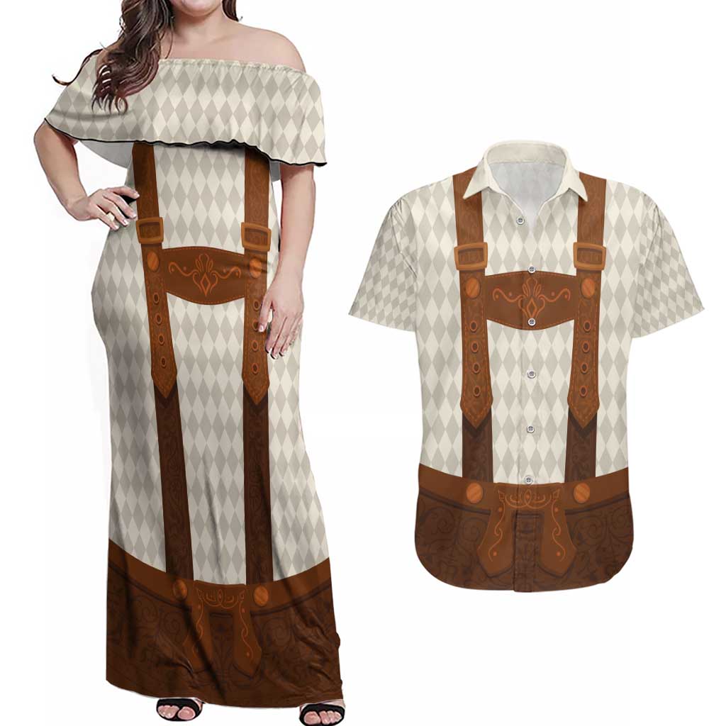 Traditional German Costume - Lederhosen Couples Matching Off Shoulder Maxi Dress and Hawaiian Shirt Old Vintage Bavarian Pattern