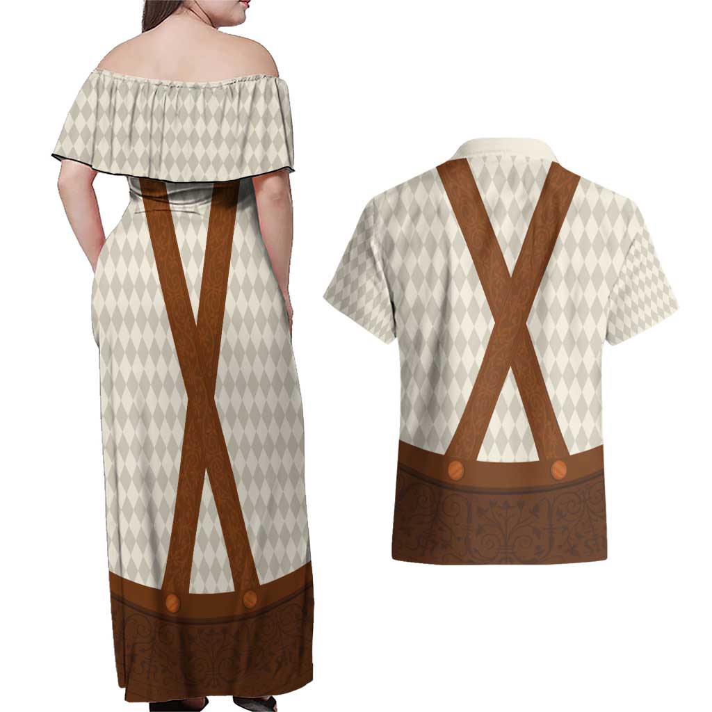 Traditional German Costume - Lederhosen Couples Matching Off Shoulder Maxi Dress and Hawaiian Shirt Old Vintage Bavarian Pattern