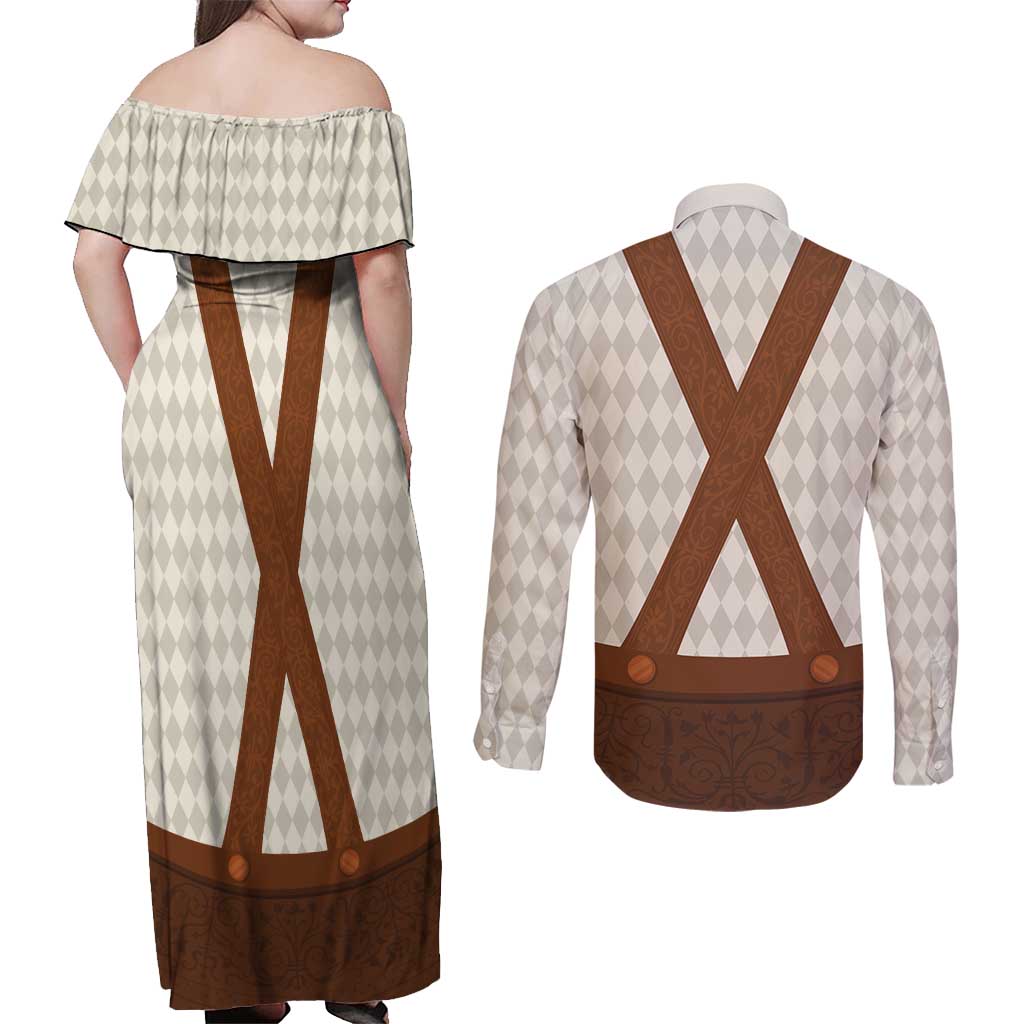 Traditional German Costume - Lederhosen Couples Matching Off Shoulder Maxi Dress and Long Sleeve Button Shirt Old Vintage Bavarian Pattern