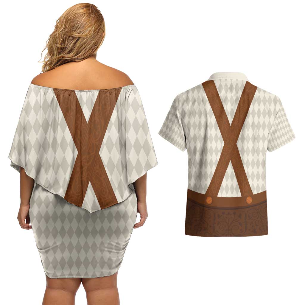 Traditional German Costume - Lederhosen Couples Matching Off Shoulder Short Dress and Hawaiian Shirt Old Vintage Bavarian Pattern