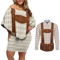 Traditional German Costume - Lederhosen Couples Matching Off Shoulder Short Dress and Long Sleeve Button Shirt Old Vintage Bavarian Pattern