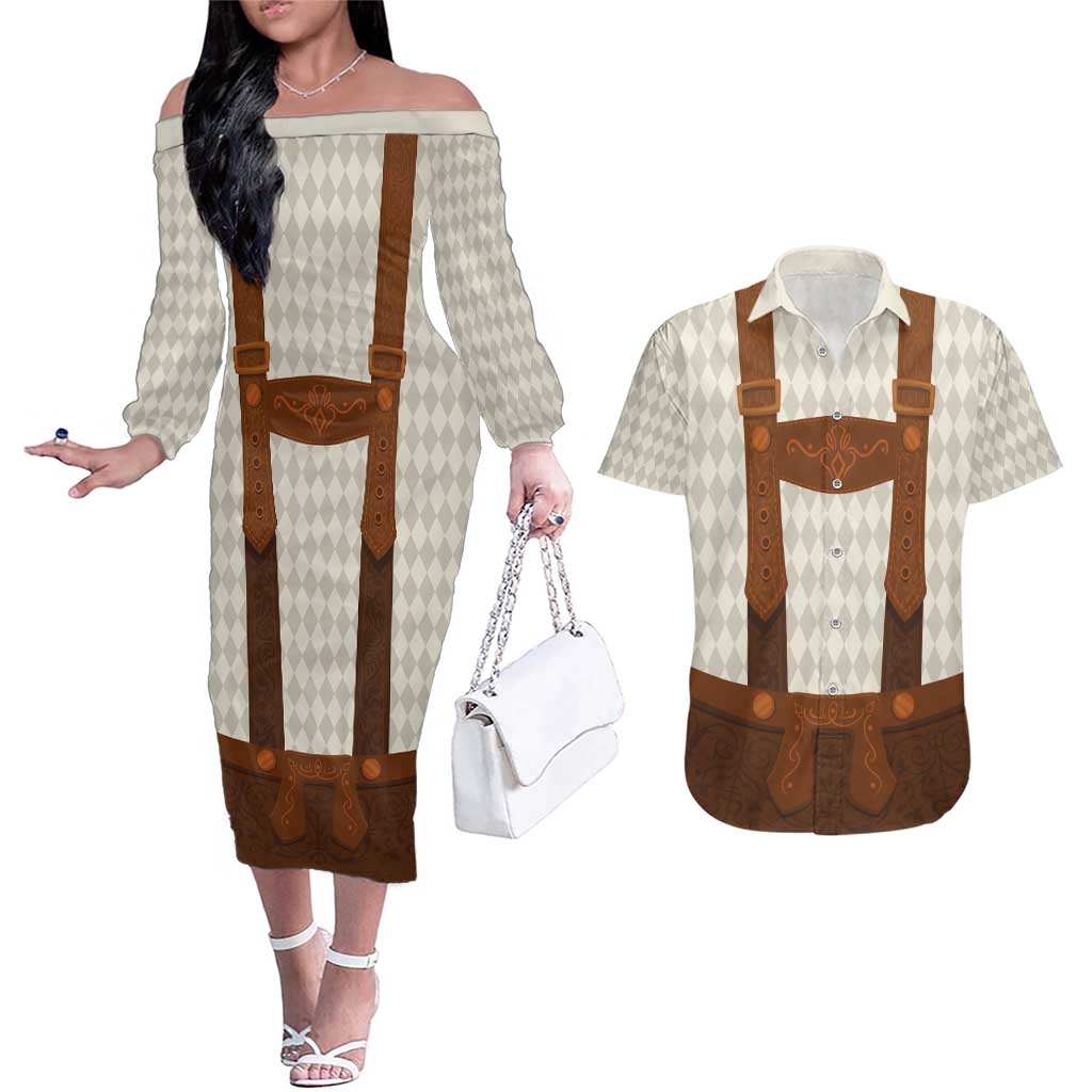 Traditional German Costume - Lederhosen Couples Matching Off The Shoulder Long Sleeve Dress and Hawaiian Shirt Old Vintage Bavarian Pattern