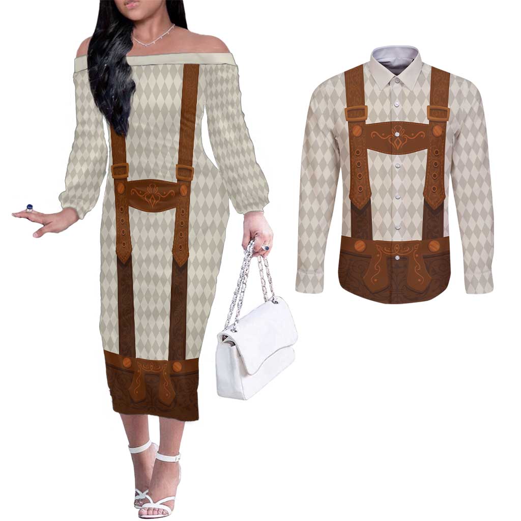 Traditional German Costume - Lederhosen Couples Matching Off The Shoulder Long Sleeve Dress and Long Sleeve Button Shirt Old Vintage Bavarian Pattern