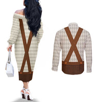 Traditional German Costume - Lederhosen Couples Matching Off The Shoulder Long Sleeve Dress and Long Sleeve Button Shirt Old Vintage Bavarian Pattern