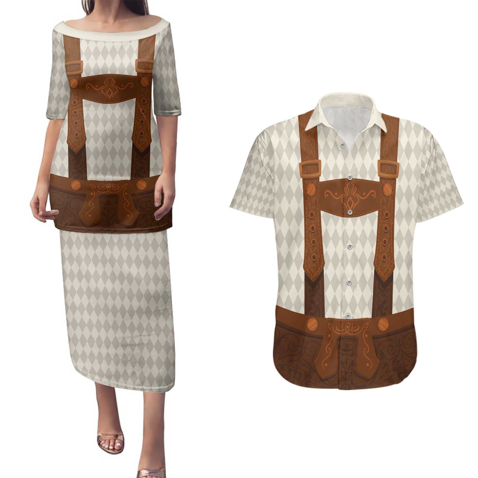 Traditional German Costume - Lederhosen Couples Matching Puletasi and Hawaiian Shirt Old Vintage Bavarian Pattern