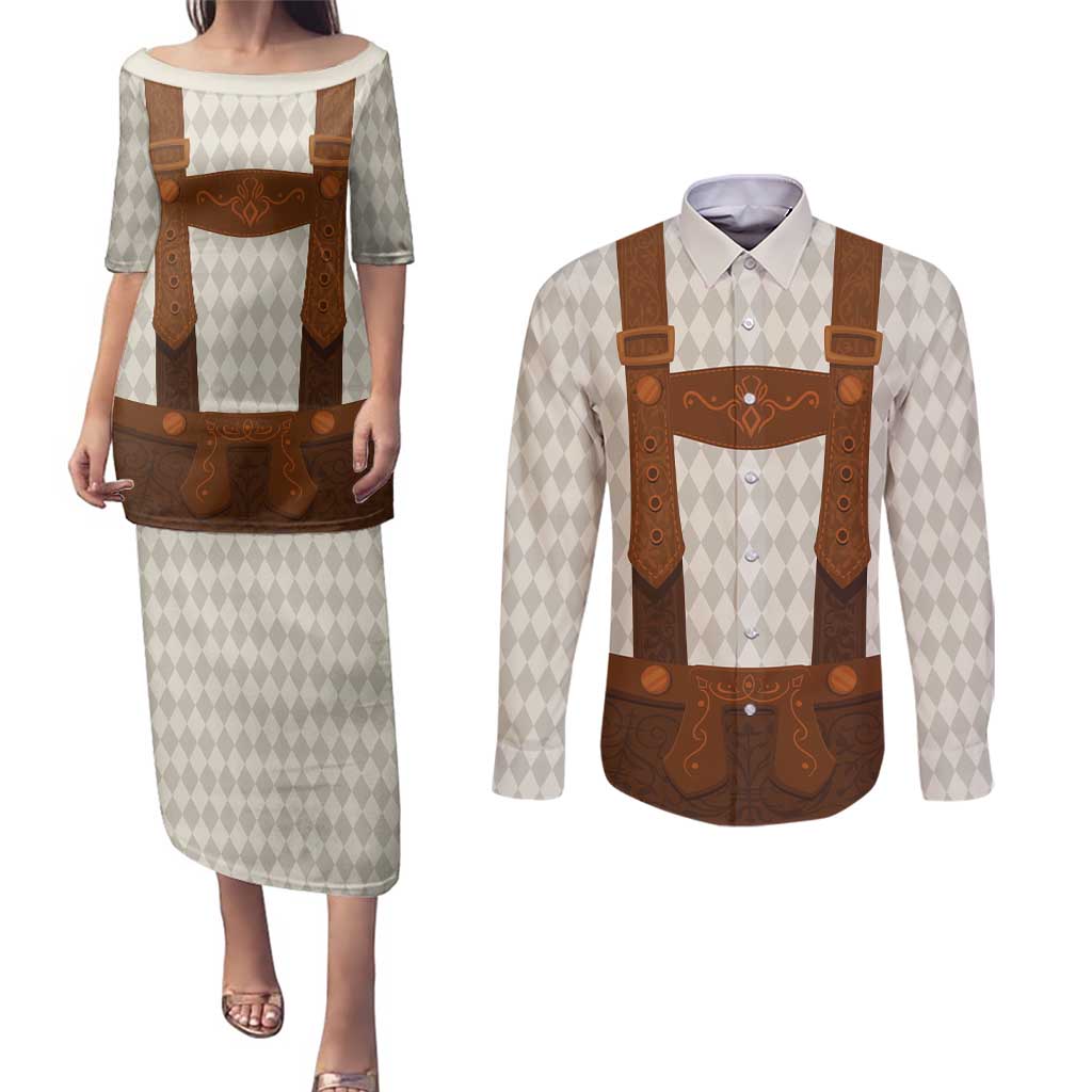 Traditional German Costume - Lederhosen Couples Matching Puletasi and Long Sleeve Button Shirt Old Vintage Bavarian Pattern