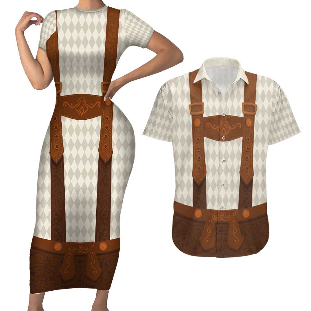 Traditional German Costume - Lederhosen Couples Matching Short Sleeve Bodycon Dress and Hawaiian Shirt Old Vintage Bavarian Pattern