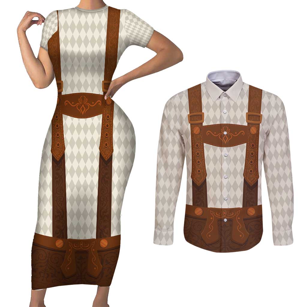 Traditional German Costume - Lederhosen Couples Matching Short Sleeve Bodycon Dress and Long Sleeve Button Shirt Old Vintage Bavarian Pattern