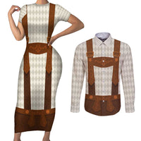 Traditional German Costume - Lederhosen Couples Matching Short Sleeve Bodycon Dress and Long Sleeve Button Shirt Old Vintage Bavarian Pattern