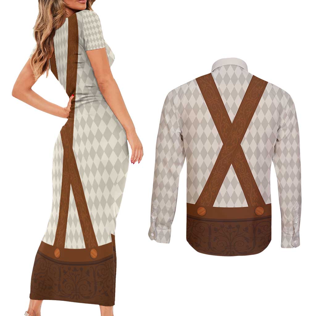 Traditional German Costume - Lederhosen Couples Matching Short Sleeve Bodycon Dress and Long Sleeve Button Shirt Old Vintage Bavarian Pattern