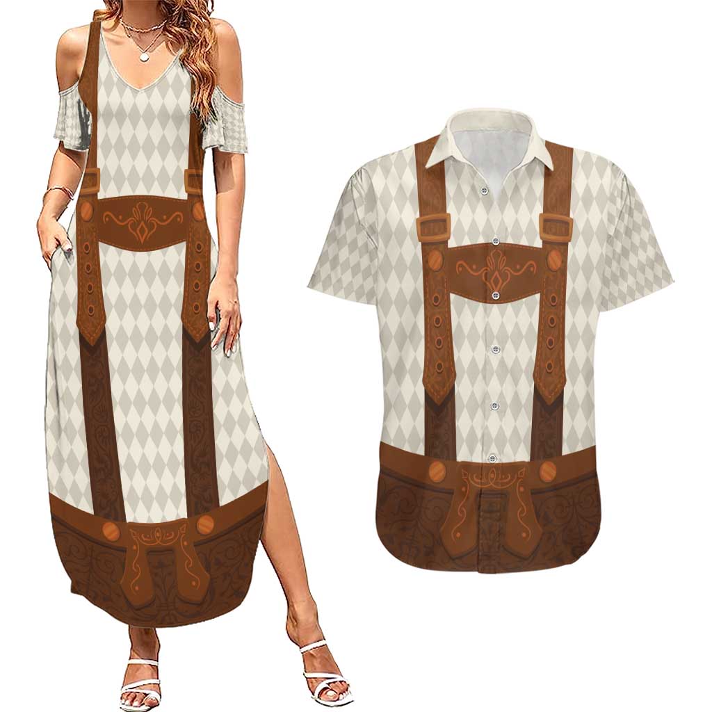 Traditional German Costume - Lederhosen Couples Matching Summer Maxi Dress and Hawaiian Shirt Old Vintage Bavarian Pattern