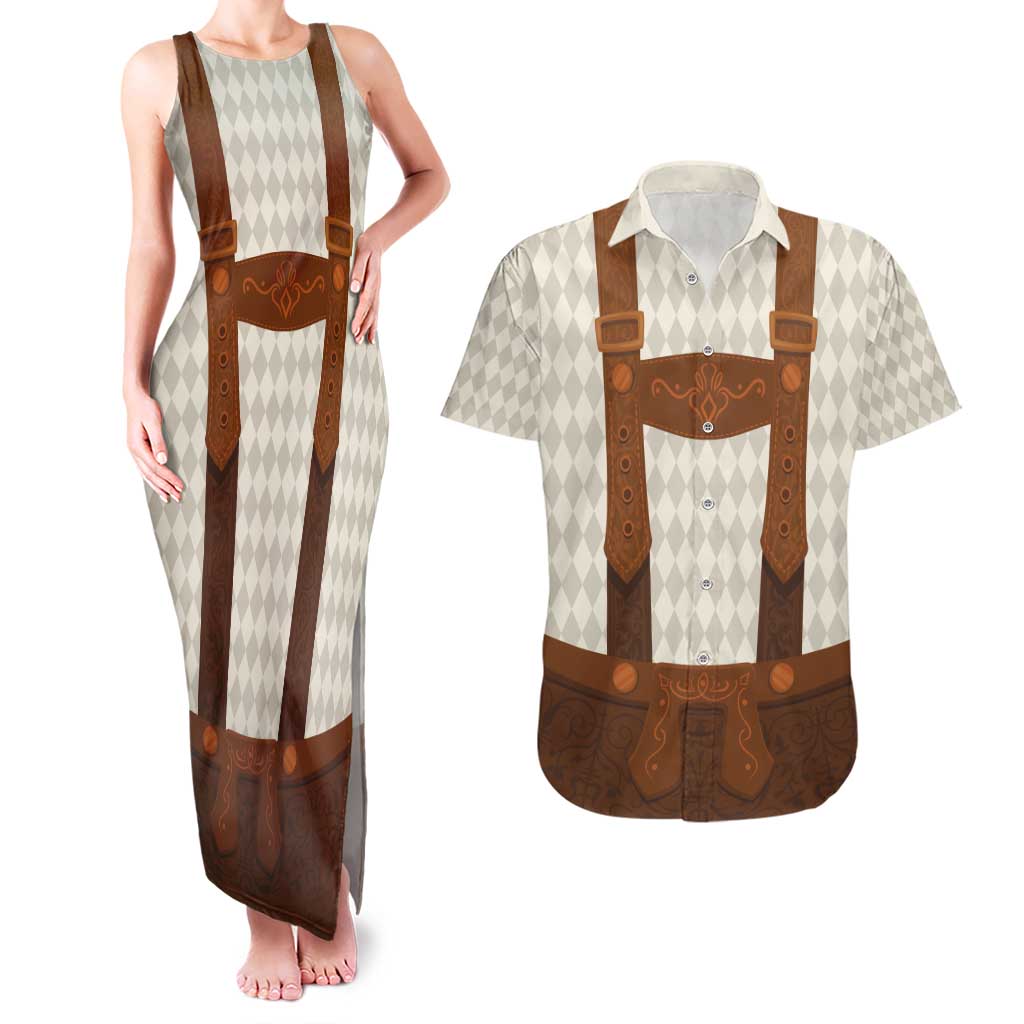 Traditional German Costume - Lederhosen Couples Matching Tank Maxi Dress and Hawaiian Shirt Old Vintage Bavarian Pattern