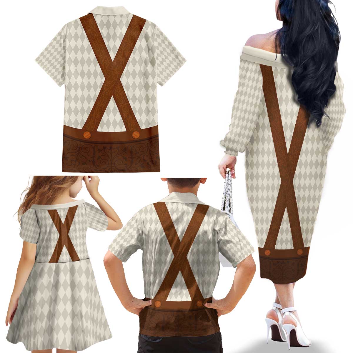Traditional German Costume - Lederhosen Family Matching Off The Shoulder Long Sleeve Dress and Hawaiian Shirt Old Vintage Bavarian Pattern