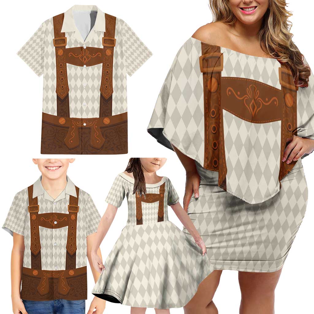 Traditional German Costume - Lederhosen Family Matching Off Shoulder Short Dress and Hawaiian Shirt Old Vintage Bavarian Pattern - Wonder Print Shop