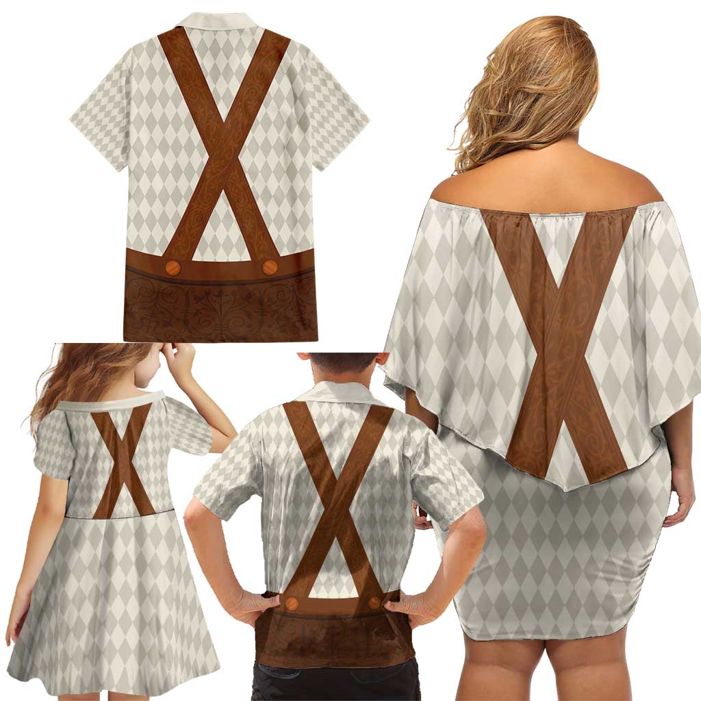 Traditional German Costume - Lederhosen Family Matching Off Shoulder Short Dress and Hawaiian Shirt Old Vintage Bavarian Pattern - Wonder Print Shop