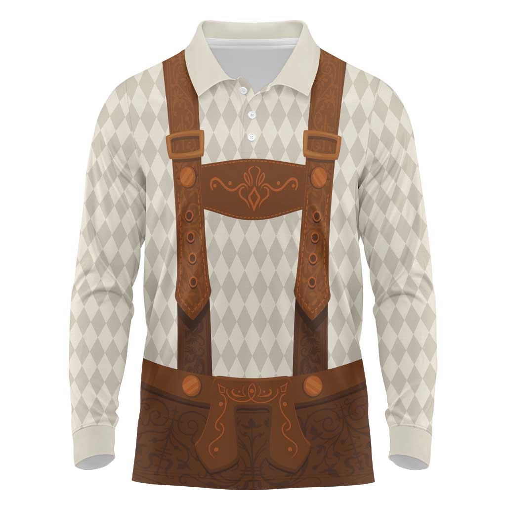 Traditional German Costume - Lederhosen Long Sleeve Polo Shirt Old Vintage Bavarian Pattern - Wonder Print Shop