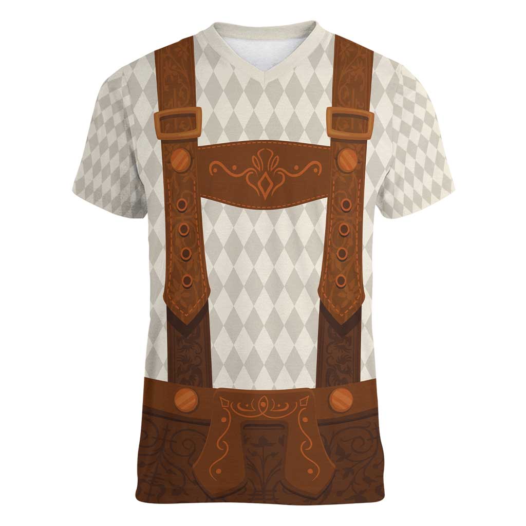 Traditional German Costume - Lederhosen Women V-Neck T-Shirt Old Vintage Bavarian Pattern - Wonder Print Shop