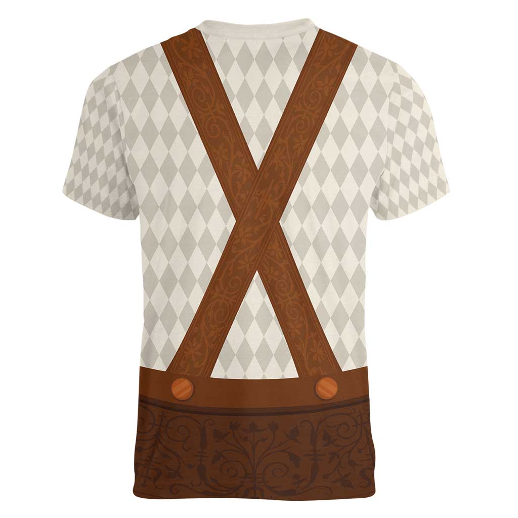 Traditional German Costume - Lederhosen Women V-Neck T-Shirt Old Vintage Bavarian Pattern - Wonder Print Shop