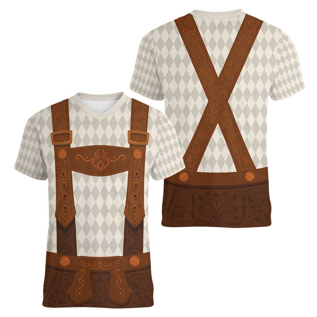 Traditional German Costume - Lederhosen Women V-Neck T-Shirt Old Vintage Bavarian Pattern - Wonder Print Shop