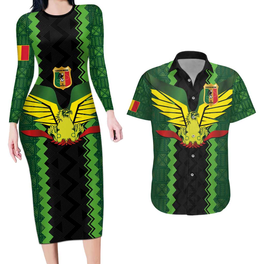 Custom Mali Football Couples Matching Long Sleeve Bodycon Dress and Hawaiian Shirt Les Aigles-Green Gold and Red