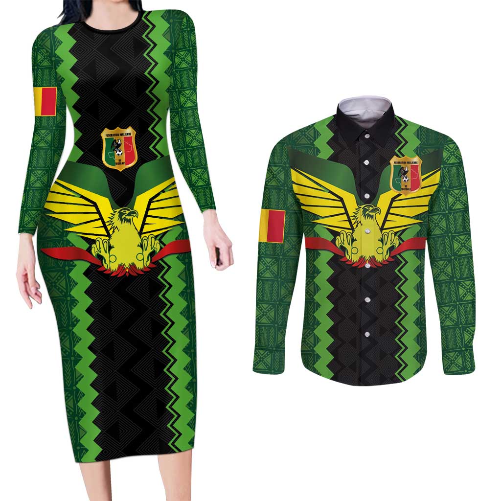 Custom Mali Football Couples Matching Long Sleeve Bodycon Dress and Long Sleeve Button Shirt Les Aigles-Green Gold and Red