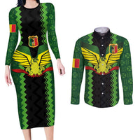 Custom Mali Football Couples Matching Long Sleeve Bodycon Dress and Long Sleeve Button Shirt Les Aigles-Green Gold and Red