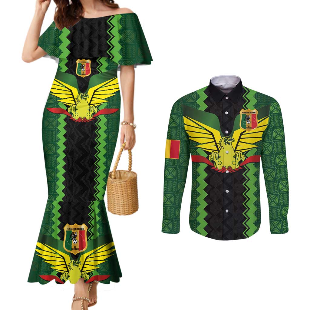 Custom Mali Football Couples Matching Mermaid Dress and Long Sleeve Button Shirt Les Aigles-Green Gold and Red