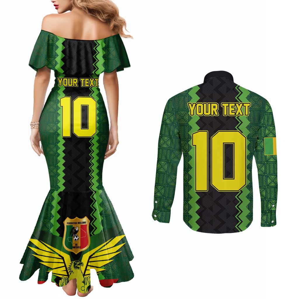 Custom Mali Football Couples Matching Mermaid Dress and Long Sleeve Button Shirt Les Aigles-Green Gold and Red