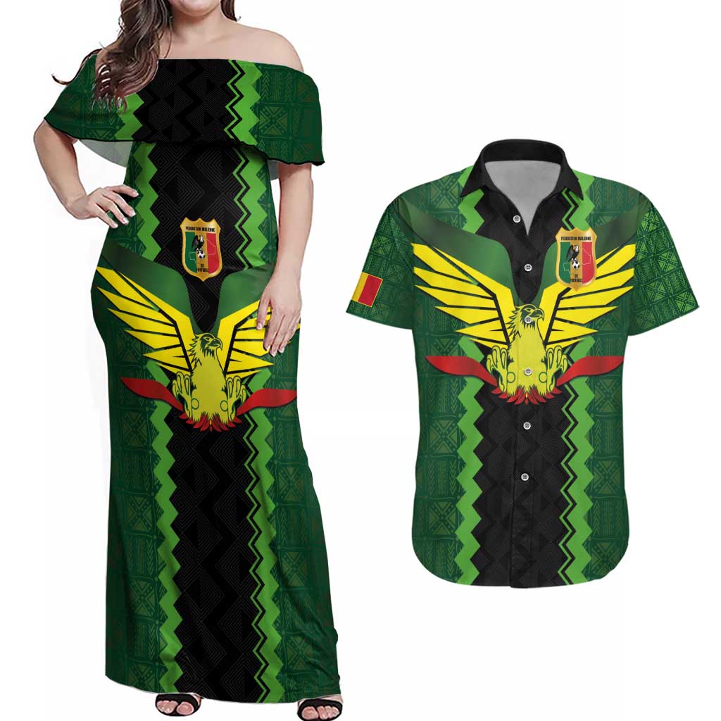 Custom Mali Football Couples Matching Off Shoulder Maxi Dress and Hawaiian Shirt Les Aigles-Green Gold and Red