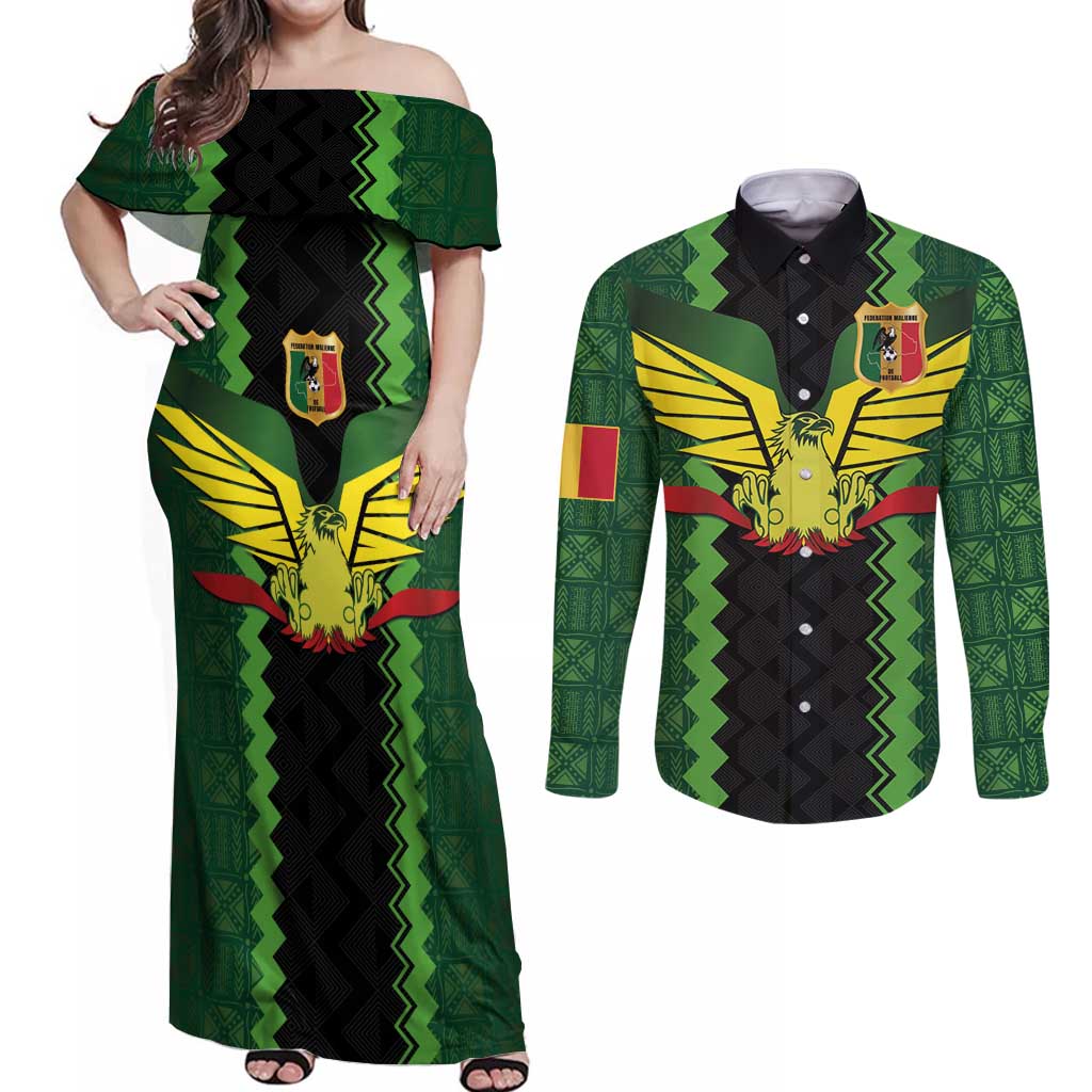 Custom Mali Football Couples Matching Off Shoulder Maxi Dress and Long Sleeve Button Shirt Les Aigles-Green Gold and Red