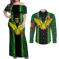 Custom Mali Football Couples Matching Off Shoulder Maxi Dress and Long Sleeve Button Shirt Les Aigles-Green Gold and Red