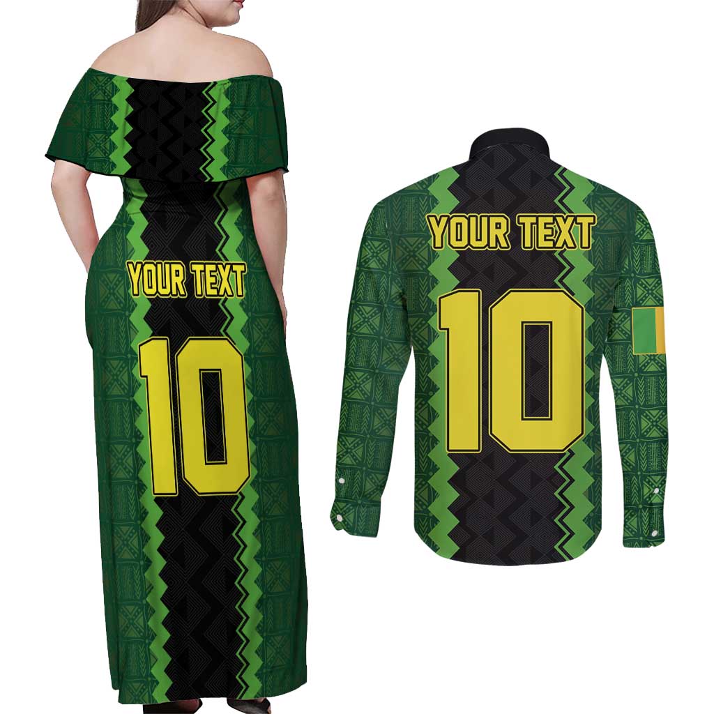 Custom Mali Football Couples Matching Off Shoulder Maxi Dress and Long Sleeve Button Shirt Les Aigles-Green Gold and Red