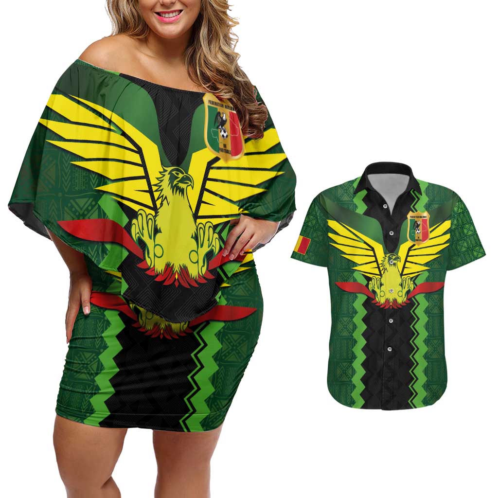 Custom Mali Football Couples Matching Off Shoulder Short Dress and Hawaiian Shirt Les Aigles-Green Gold and Red