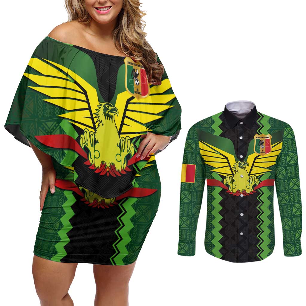Custom Mali Football Couples Matching Off Shoulder Short Dress and Long Sleeve Button Shirt Les Aigles-Green Gold and Red