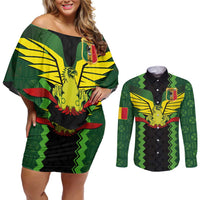Custom Mali Football Couples Matching Off Shoulder Short Dress and Long Sleeve Button Shirt Les Aigles-Green Gold and Red