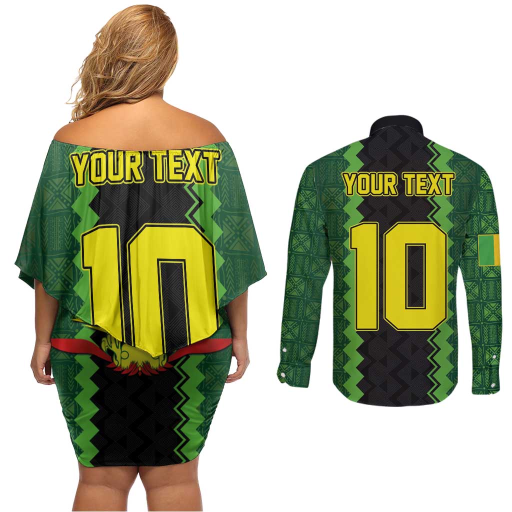 Custom Mali Football Couples Matching Off Shoulder Short Dress and Long Sleeve Button Shirt Les Aigles-Green Gold and Red