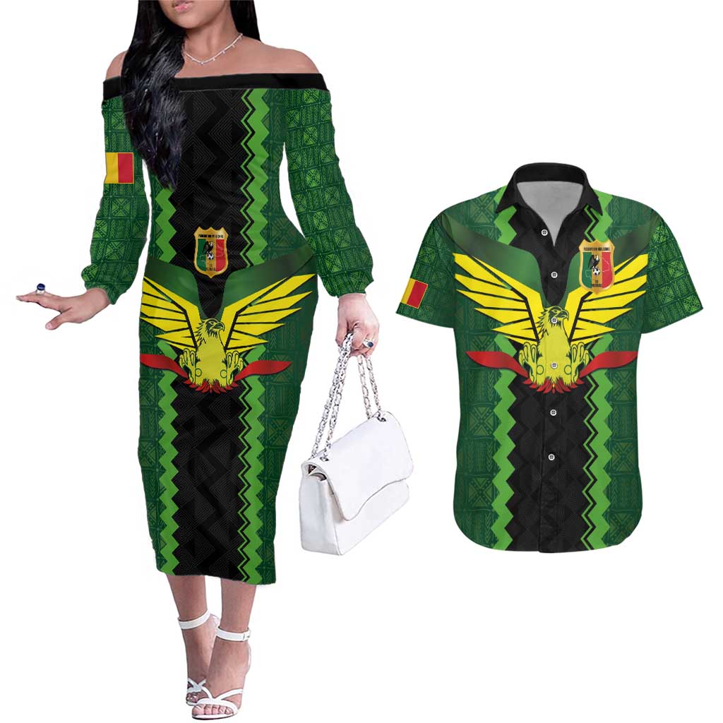 Custom Mali Football Couples Matching Off The Shoulder Long Sleeve Dress and Hawaiian Shirt Les Aigles-Green Gold and Red