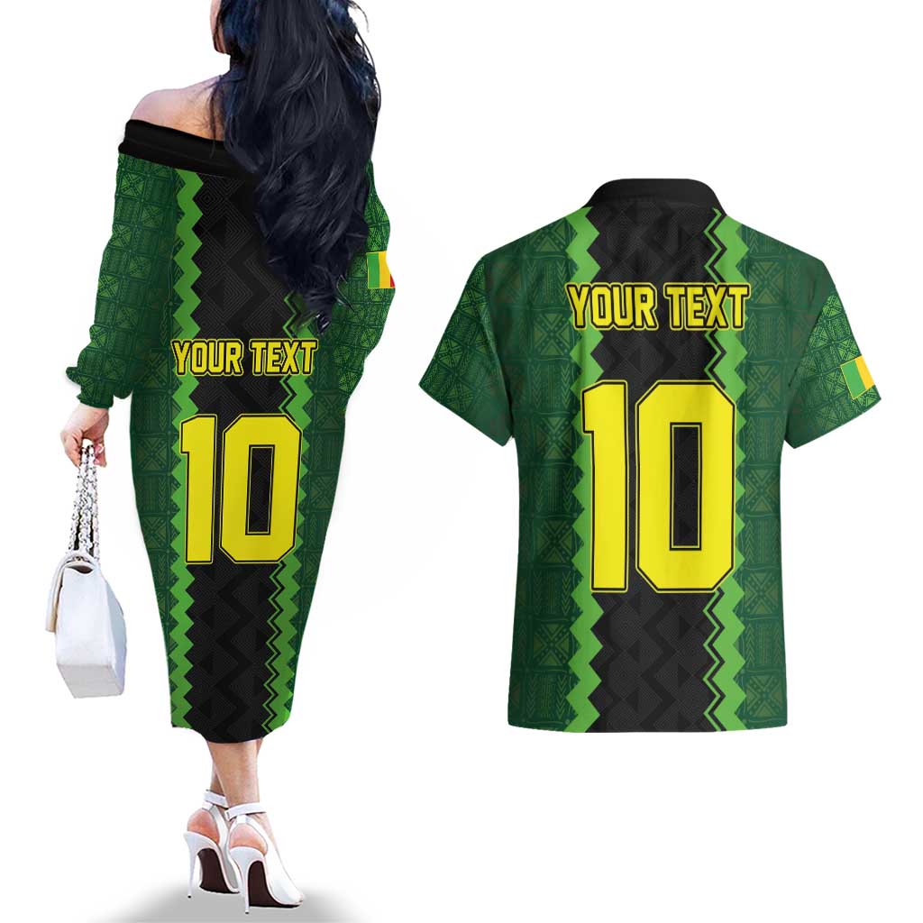 Custom Mali Football Couples Matching Off The Shoulder Long Sleeve Dress and Hawaiian Shirt Les Aigles-Green Gold and Red