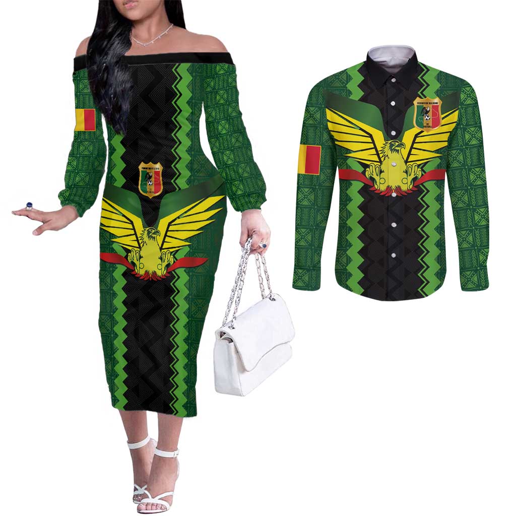 Custom Mali Football Couples Matching Off The Shoulder Long Sleeve Dress and Long Sleeve Button Shirt Les Aigles-Green Gold and Red