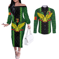 Custom Mali Football Couples Matching Off The Shoulder Long Sleeve Dress and Long Sleeve Button Shirt Les Aigles-Green Gold and Red