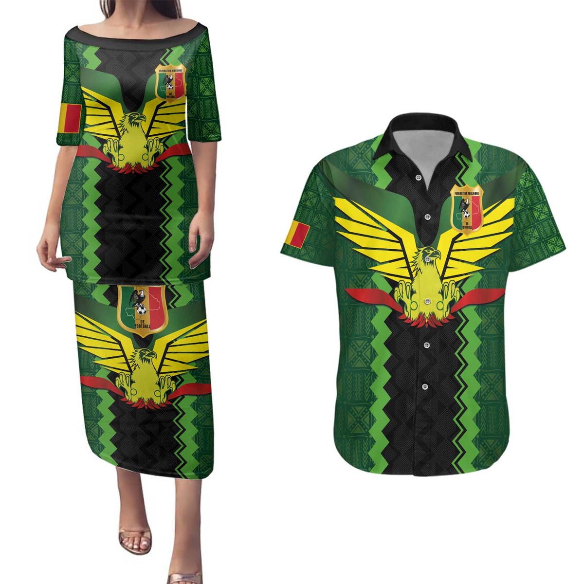 Custom Mali Football Couples Matching Puletasi and Hawaiian Shirt Les Aigles-Green Gold and Red