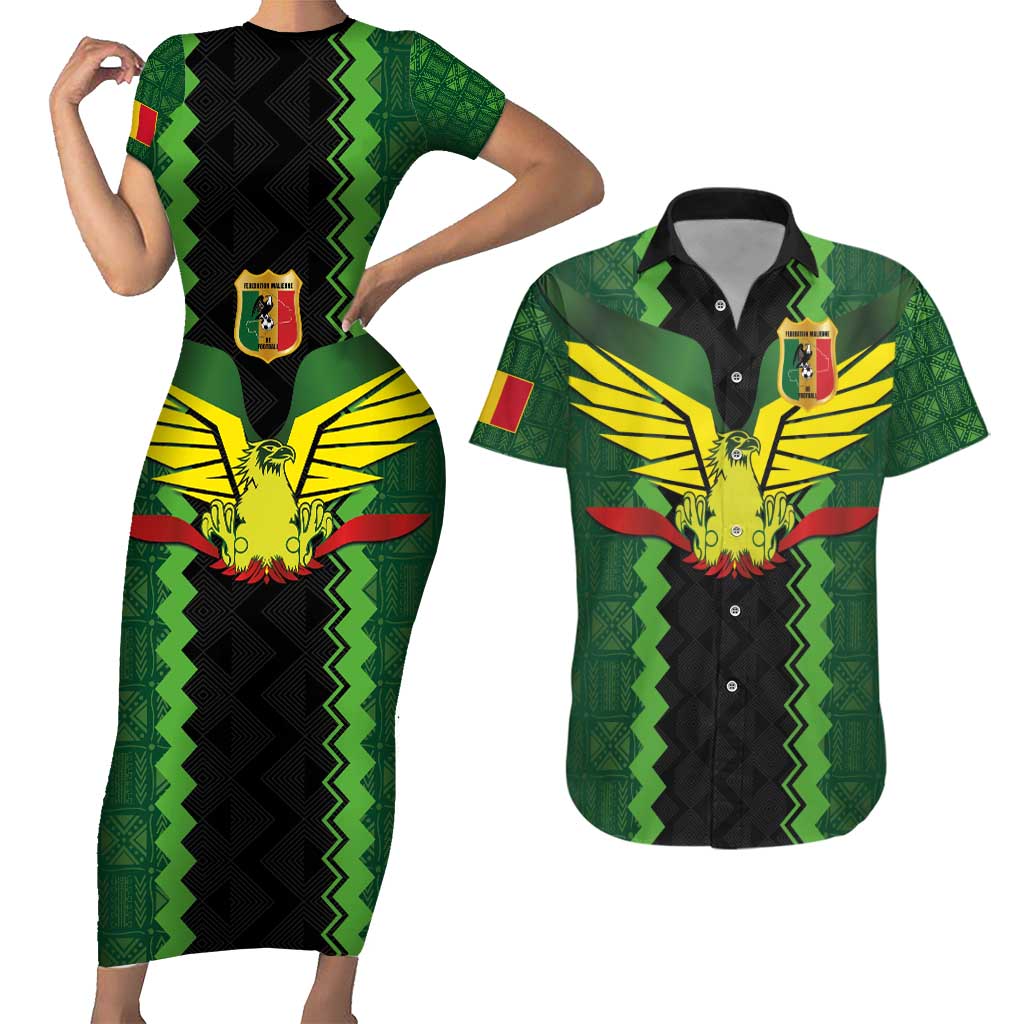 Custom Mali Football Couples Matching Short Sleeve Bodycon Dress and Hawaiian Shirt Les Aigles-Green Gold and Red