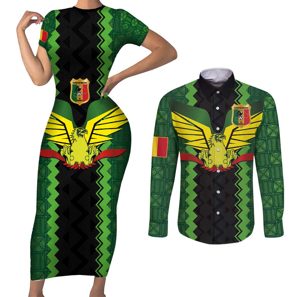 Custom Mali Football Couples Matching Short Sleeve Bodycon Dress and Long Sleeve Button Shirt Les Aigles-Green Gold and Red