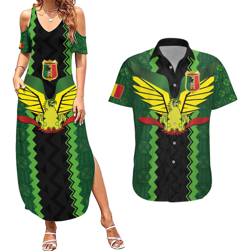 Custom Mali Football Couples Matching Summer Maxi Dress and Hawaiian Shirt Les Aigles-Green Gold and Red