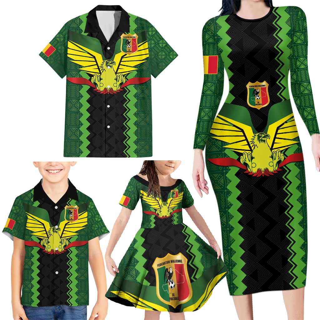 Custom Mali Football Family Matching Long Sleeve Bodycon Dress and Hawaiian Shirt Les Aigles-Green Gold and Red