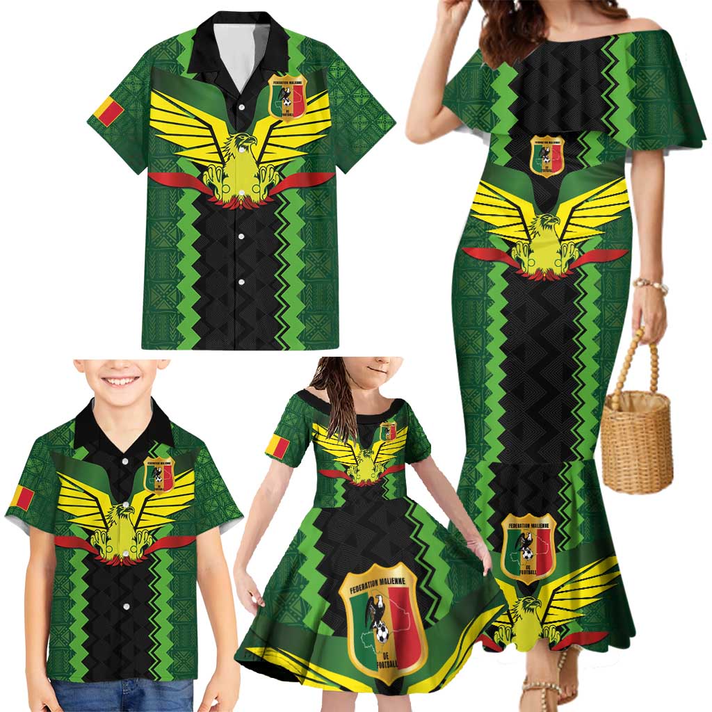 Custom Mali Football Family Matching Mermaid Dress and Hawaiian Shirt Les Aigles-Green Gold and Red